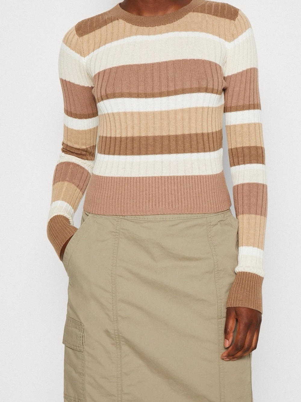 Hollister Striped Ribbed Crewneck Sweater in Cream, Tan & Brown - Picture 1 of 5